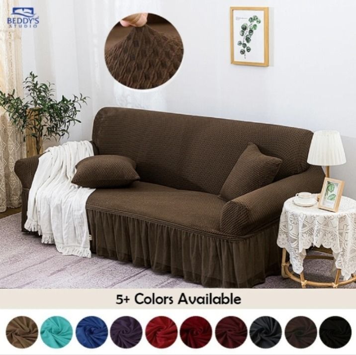 Heavy Mesh Fabric Turkish Frilled Style Sofa Covers Stretchable