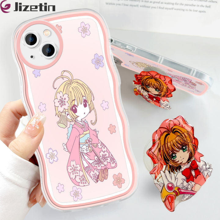 Jizetin for iPhone 15 Back Cover + Free Pop Socket Cardcaptor Sakura Soft Wavy Shape TPU Phone Case For Girls Boys