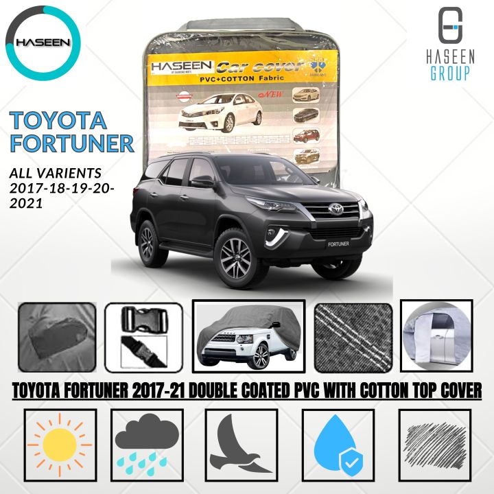 TOYOTA FORTUNER NEW CAR COVER TOP COVER PVC WITH COTTON FABRIC PLASTIC COVER WATER PROOF SCRATCH PROOF LARGE SIZE SMALL SIZE PREMIUM TOP COVER HIGH QUALITY GENIUNE CAR COVER LUXURY CAR COVER SUPER POLYESTER FABRIC PVC RUBBER  COATED FABRIC MICRO FIBER