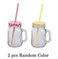 Glass Jar Mug with Straw and Handle(Clear) - Pack of 2. 