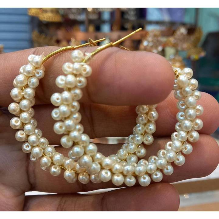 New Fashion Beautiful and Stylish Girls White Pearl Hoop Earrings - Main Image