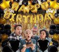Golden Happy birthday Foil Balloons Banner Decoration heme- Including Happy Birthday foil Balloons Banner, 30 Latex Balloons, 5 Confetti Ballooons, Foil Star's and Foil Heart's Balloons and Back Gold Curtain. 