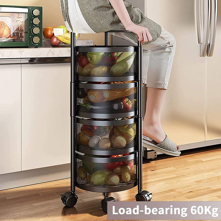 Dream Enterprises Multi Layer Round Rotating Fruits & Vegetables Storage Shelves Basket Rolling Rack with Breakable Wheels for Kitchen Bathroom Office