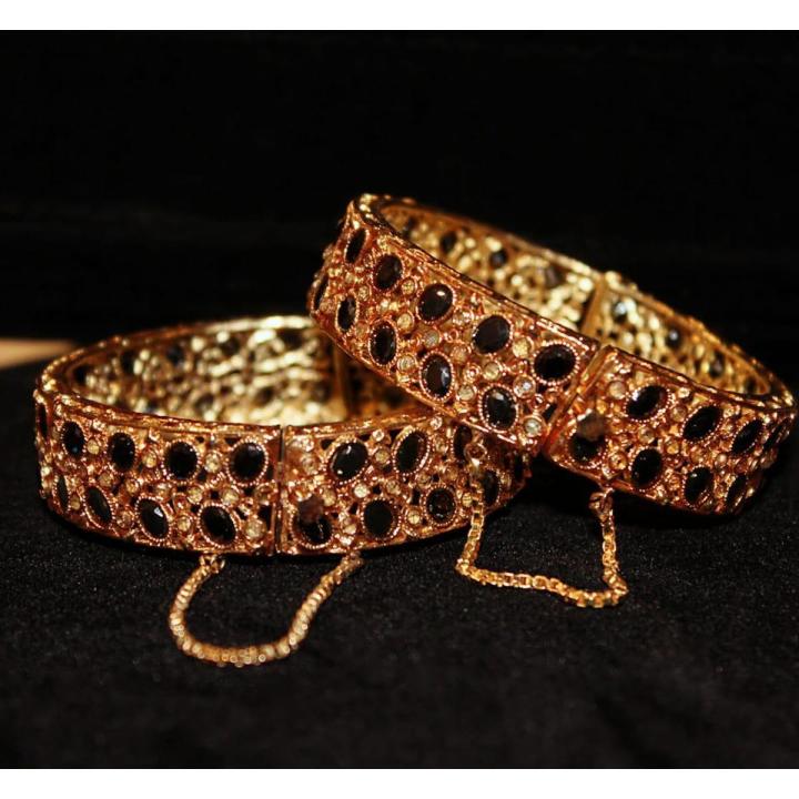 Gold Polish Real stone Beautiful Bangles in black  Pearls