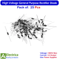1N4007 Rectifier Diode Pack of 25 Pcs 1A 1000V High Voltage Silicon Diodes for Power Supply by Electrica. 