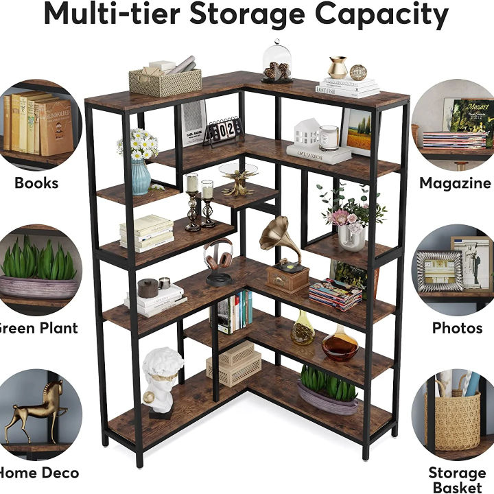 Customised%206-Shelf%20Corner%20Bookshelf,%20Large%20Modern%20Corner%20Bookcase,%206-Tier%20Tall%20Corner%20Shelf%20Storage%20Display%20Rack%20with%20Metal%20Frame%20for%20Living%20Room%20Home%20Office%20(Rustic%20Brown),%20Customizable%20-%20Image%203
