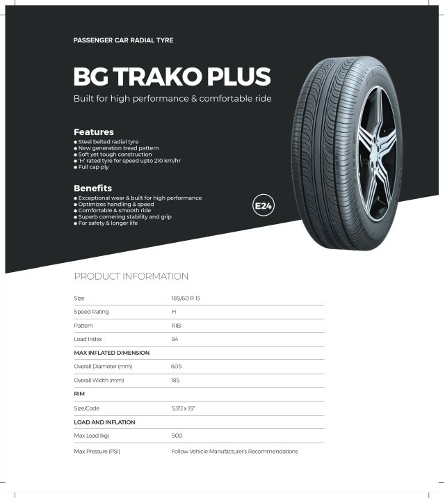 GTR TYRES 185/60R15 BG TRAKO PLUS |WITH NOZZEL| FOR HONDA CITY,AQUA,YARIS (EACH TYRE PRICE)