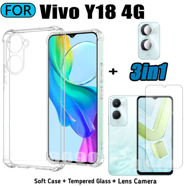 3in1 Vivo Y18 4G Transparent Soft Phone Case Vivo Y03 Y18E Y02 Y01 Y02A Y02T Y15S Y15A Y17S Y27S Tempered Glass + Back Camera Lens Film