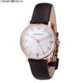 Emporio Armani  Brown Leather Strap Rose Gold Case Mother Of Pearl Dial Men's Watch AR-1601. 