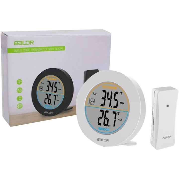 BALDR Wireless Indoor/Outdoor Thermometer Table Wall Temperature Monitor Meter with Max/Min Records, Trend Arrows,White