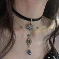 Vintage Multi-Layer Leather Choker Necklace Layered Strap Women's Collar Chain Bohemian Vacation Crystal Tear-drop Pendant Jewelry. 