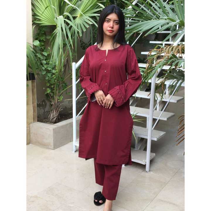 sachin and babi light blue dress 2 piece lawnsuit for women stiched llawn new casual dress for girls/ladies  shalwar kameez/plain mahroon dress for girls/stitched shirts and  trouser/summer collection maroon two piece stitched shalwar kameez
