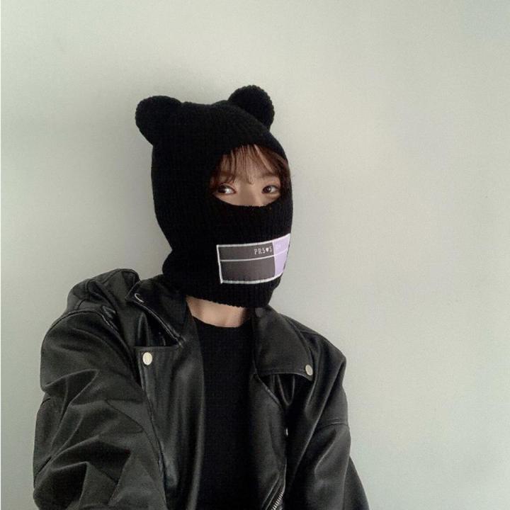 Cute Full Face Cover Ski Mask Hat with Bear Ear Balaclava Knitted Hats Windproof Skullies Beanies Bonnet Winter Warm Uni Caps