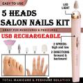 Imported 5 in 1 Salon Nails Kit – Electronic Nail File - Full Original Manicure Pedicure Tool Kit – 5 Professional Grade Nail Care Heads – Multifunctional Cuticle Buff Smooth Grind Shape File Nail Tool - Genuine Salon Like Results – USB Rechargeable. 