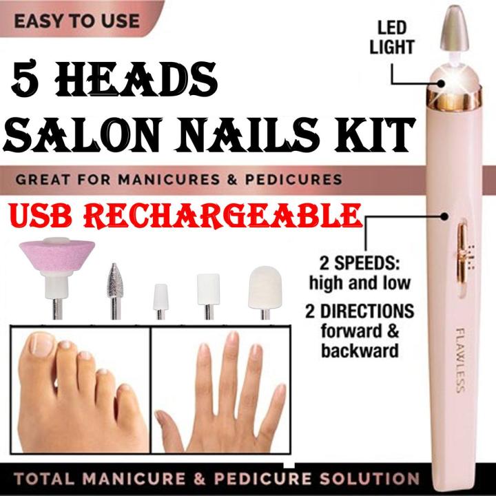 Imported 5 in 1 Salon Nails Kit – Electronic Nail File - Full Original Manicure Pedicure Tool Kit – 5 Professional Grade Nail Care Heads – Multifunctional Cuticle Buff Smooth Grind Shape File Nail Tool - Genuine Salon Like Results – USB Rechargeable