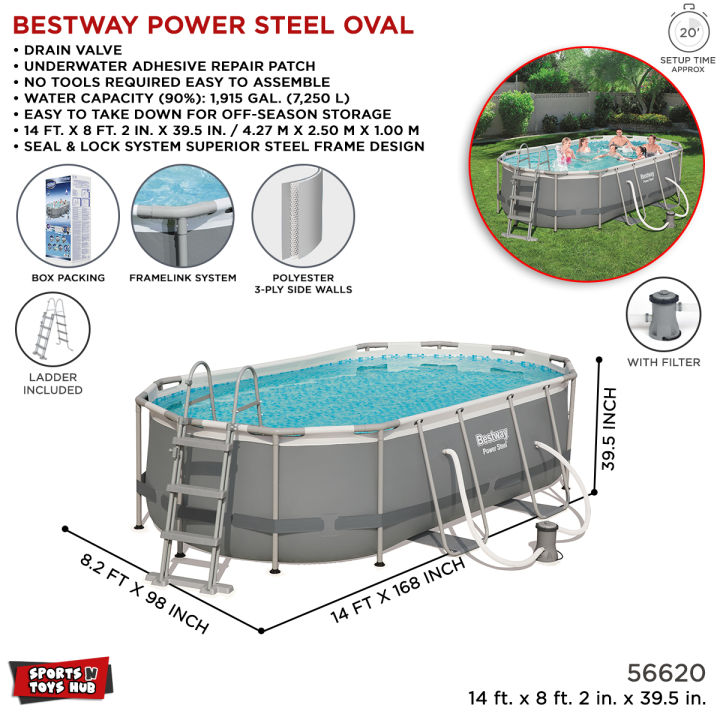Bestway Power Steel Framed Oval Above Ground 14 Ft Big Length, 8.2 Foot Width Pool For Family Fun, Water Play Outdoor 56620 Imported Puncture Resistant Liner 3 Ply Pvc Branded Summer Season 39.5 Inch Deep Dive Steel T Connector Pipe Swimming Party Pools
