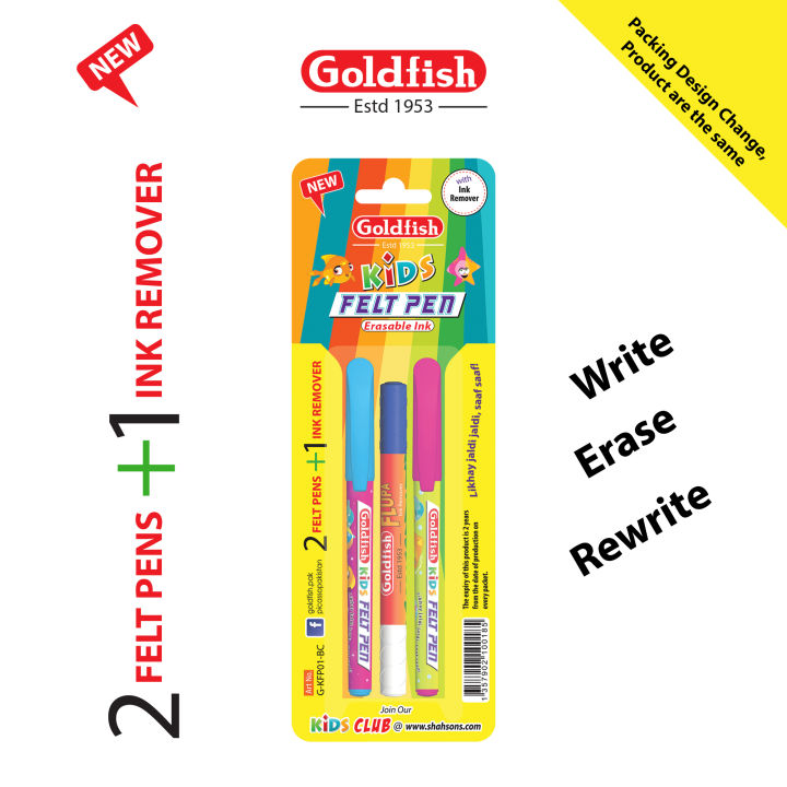 Goldfish Kids Felt Pen with Erasable Blue Ink - (2 Felt Pen with 1 Ink Remover in Blister Pack) -  2 Colourful Blister Packing