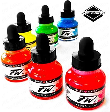Daler-Rowney FW Fluorescent Acrylic Ink, Set of 6 Neon Colors (160329006)