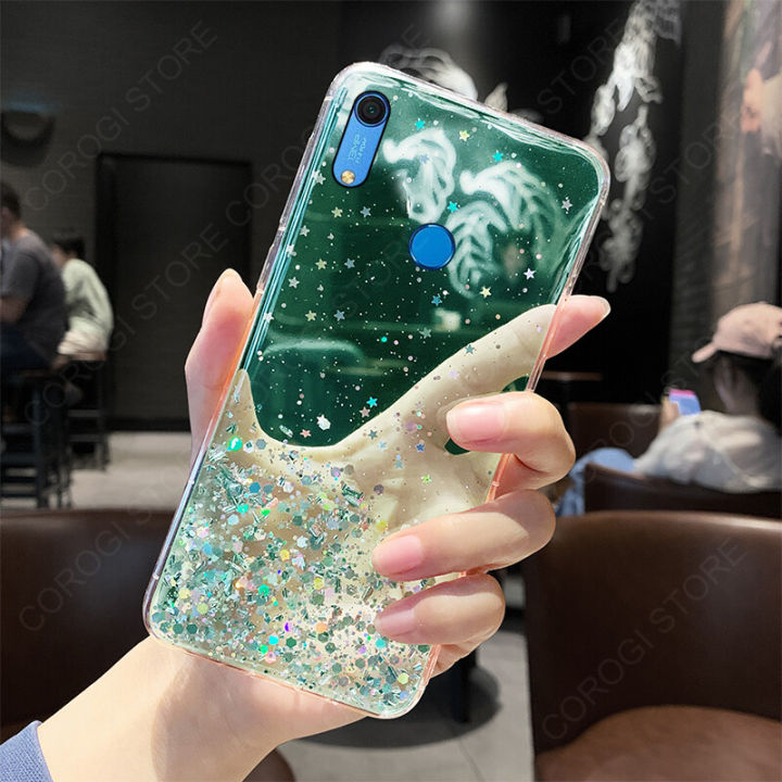 For Huawei Y6S Cover Fashion Shiny Glitter Starry Space Girls Slim Phone Case Clear Pink Soft TPU Silicone Bumper Shockproof Protective Back Cover