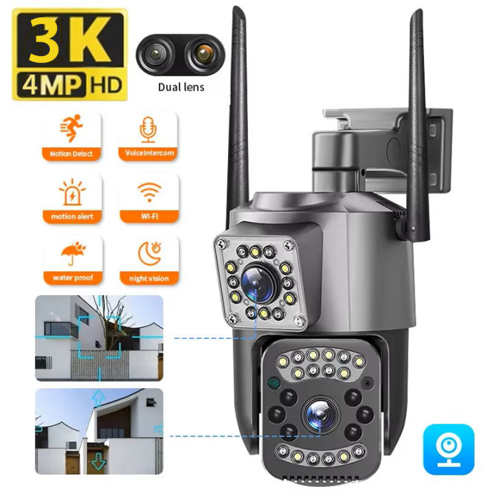 Dual Lens CCTV 4MP Wifi Camera Dual Screen Outdoor Camera 4X Digital Zoom IP Camera Outdoor Ai Auto Tracking Night Vision Surveillance Monitor D400