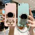 For OPPO A57 (2016) / A39 / A37 Back Cover with Astronaut Folding Stand Lanyard Luxury 6D Plating Shiny Stylish Phone Case Square Frame Soft Silicone Protective Cases Pouch. 