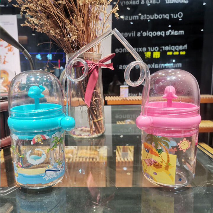 Kids Dolphin Top Waterfall Water Bottle| With Straw Cartoon Kids Water Spray Cup Sippy Cups Learner Cup Whale Baby Feeding with Straw Outdoor| Portable Leak Proof Straw Water Bottle (Mix/Random Color)