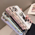 Hontinga for iPhone 12 Mini Back Cover（Free Lanyard）Luxury 6D Plating Cartoon Hug bear Side Pattern Case Soft Silicone Square Mobile Cover. 