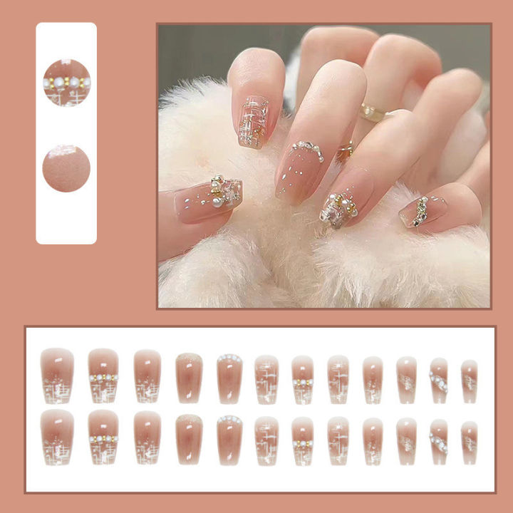 24Pcs Crystal Pearl Fake Nails with Glue Wearable Nails Stylish Pattern Artificial Nails