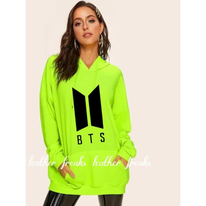 Neon Green Bts Fleece Full Sleeves Pull Over Hoodie For Women