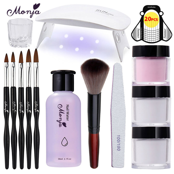 Monja 14 Pcs/Set Nail Art Kit Clear Pink White Acrylic Powder Liquid Nail Extension Build Painting DIY Nail Dryer Manicure Tools