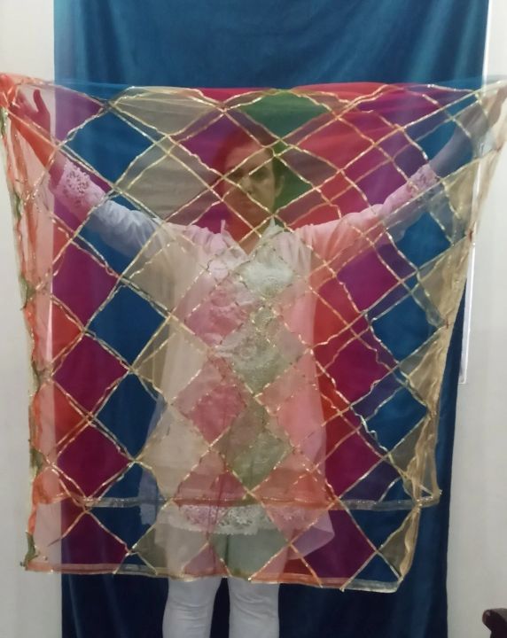 Handmade embroider chiffon ghota kiran dupatta from Pakistan Badar Multi color Dupatta Badri Net lines net work with dhnak , gotta flower and 4 sides kiran lace Zardi - Multi Gota Work For Wedding Party For Ladies Women net zari dupta fancy dupta bridal