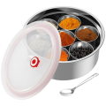 Imported Stainless Steel Round Masala Dabba Spice Storage Box for Kitchen 7 Deep Katori With Box And Silicon Lids. 