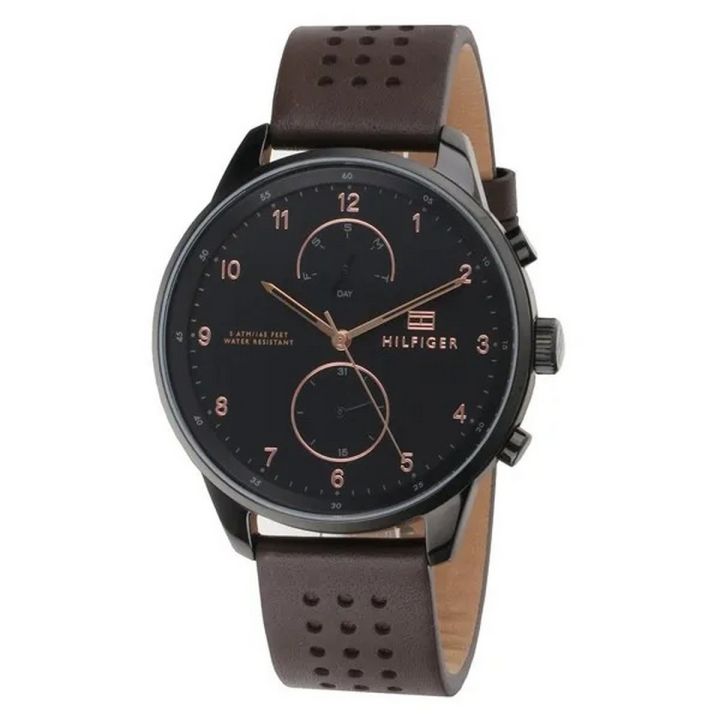 Tommy Hilfiger Men’s Quartz Leather Strap Black Dial 44mm Watch 1791577 Stainless Steel Wrist Watch For Men