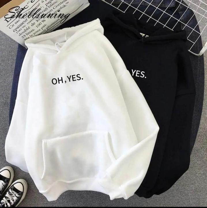 STYLISH OH YES with HEART Tag Print Kangaroo Hoodie huddy Pocket Drawstring Casual Pullover Hodie Clothing Long Sleeves Export Quality Huddie Winter Wear Smart Fit Hoody For Women Girls