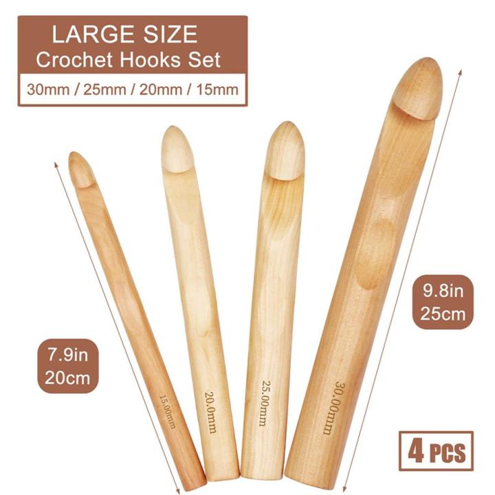 JAERBEE Large Crochet Hooks 15mm 20mm 25mm 30mm Wooden Crochet Hook Set for Chunky Yarn, Crocheting Huge Crochet Hooks