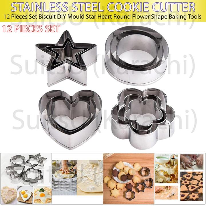12 Pcs Set Stainless Steel Cookie Cutter Biscuit DIY Mold Star Heart Round Flower Shape Mould Baking Tools