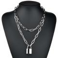 DIEZI Fashion Double layer Lock Gold Silver Color Chain Necklace Men Punk Link Chain Padlock Pendant Necklace For Women Jewelry. 