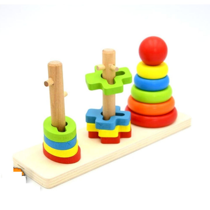 Wooden Rainbow Column Tower Stacking Rings Toy Classic Stacker Wooden ...