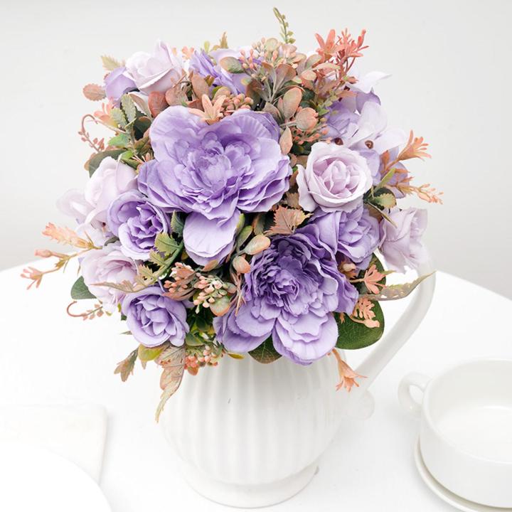 Beautiful Autumn Orange Artificial Peony Flowers Silk Rose Plants Accessories Faux Grass Wedding Party Home Fall Decoration