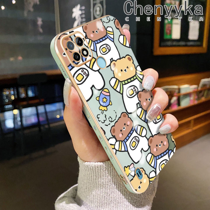 Chenyyka For Realme C21 Case Cartoon Astronaut Bear Pattern Luxury Plating Silicone Phone Cases Fashion Shockproof Soft Case Full Cover Camera Lens Protection Shell