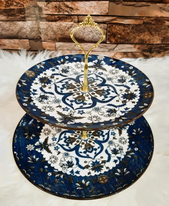 Ceramic%20Fruit%20Bowl%20Cake%20Stand%202%20Tier%20Serving%20Platter%20with%20Round%20Glass%20Plate%20&%20Golden%20Stainless%20Steel%20Holder%20for%20Birthday/Party/Wedding%20-%20Image%203