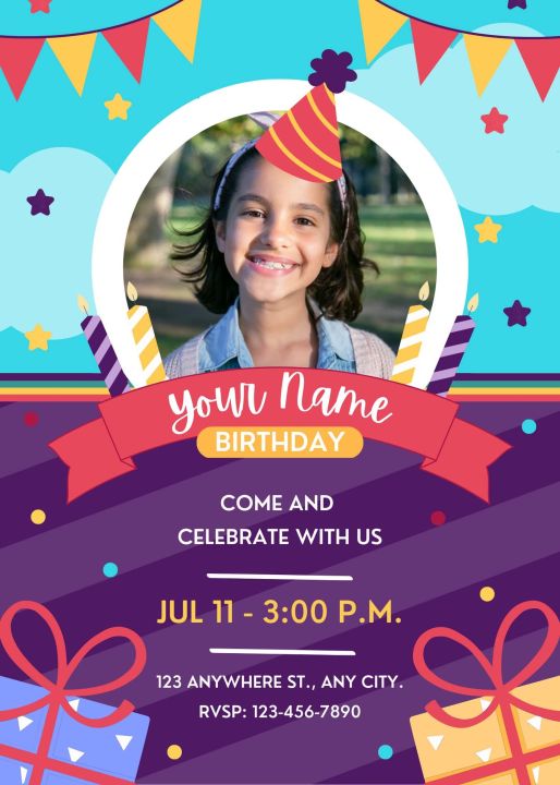Pack of 5 Birthday Invitation card, Editable Birthday Party Invitations, Girls Birthday,
