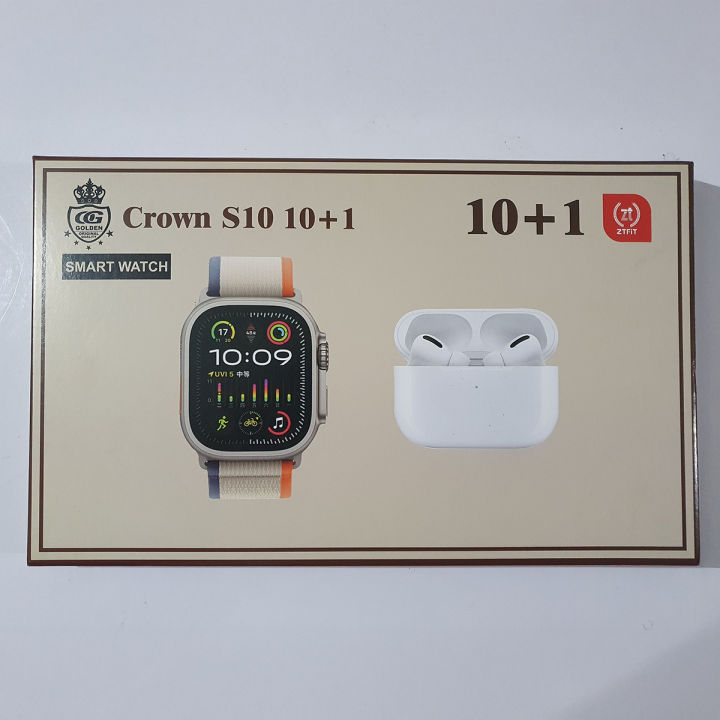 Crown S10 10+1 Smart Watch 2.3-Inch Large Screen with 7 Straps and Airpods2
