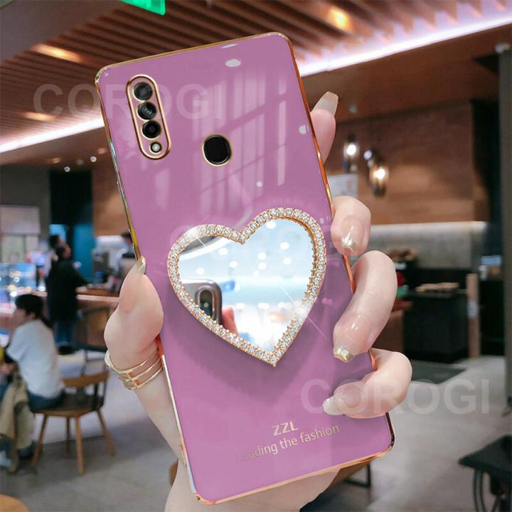 For Samsung Galaxy A20s Cover with Makeup Mirror Shiny Plating Square Bumper Girls Phone Case Soft TPU Silicone Shockproof Protective Back Cover