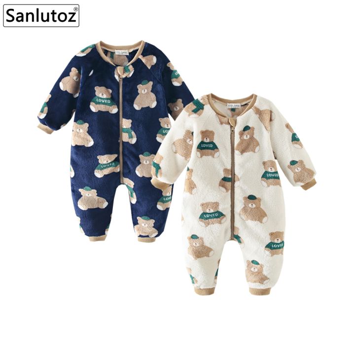 Sanlutoz Cute Bear Fleece Thickened Long Sleeve Toddler Jumpsuits Warm Cozy Korean Style Zipper Winter Baby Rompers Clothing
