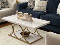 Rectangle Coffee Table, 47.24-inch Modern Coffee Tables for Living Room, 2-Tier Faux Marble Wood Coffee Table with Geometric Legs, Furniture with Storage Shelf (White & Gold). 