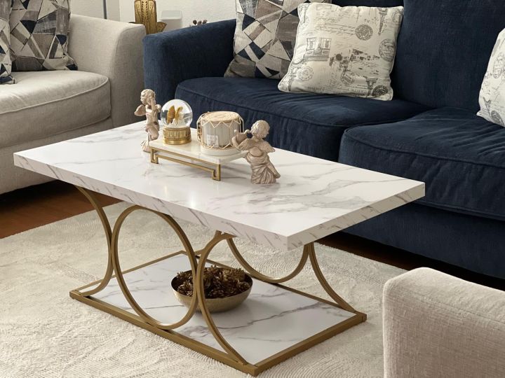 Rectangle Coffee Table, 47.24-inch Modern Coffee Tables for Living Room, 2-Tier Faux Marble Wood Coffee Table with Geometric Legs, Furniture with Storage Shelf (White & Gold)