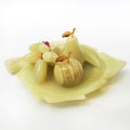 Marble Fruit Tray Set, Hand Crafted Decorative Onyx Round and Leaf Shape Tray with Marble fruits Grape Apple Banana and Pear. 