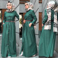 Tarseel - Turkish Style Green Abaya With Complementary Waist Belt - Green Coat Abaya. 