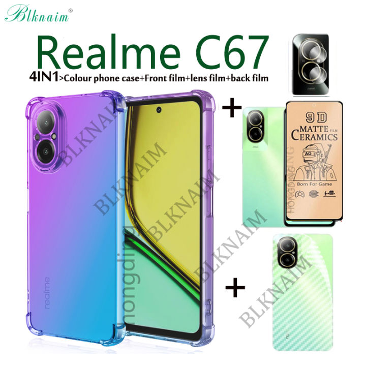 BLKNAIM 4-in-1 NEW For Realme C67 case Anti-fall Color phone case +Matte Ceramic Film +Carbon Fiber Back Film +Lens Film